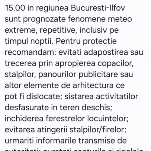 Mesaje RO-ALERT emise pentru București și Ilfov din cauza vremii extreme