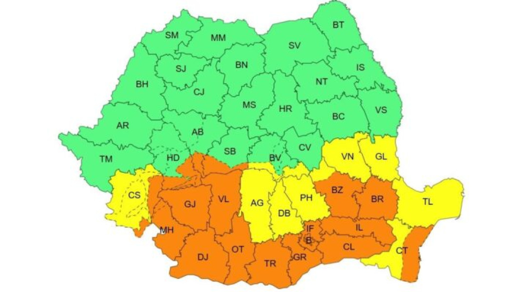 Cod portocaliu și galben de ploi, vânt și inundații în mai multe județe