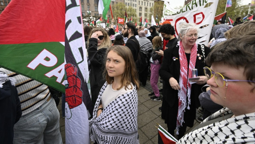 Proteste la Malmo, înainte de a doua semifinală Eurovision 2024. Greta Thunberg s-a alăturat miilor de demonstranți pro-palestinieni