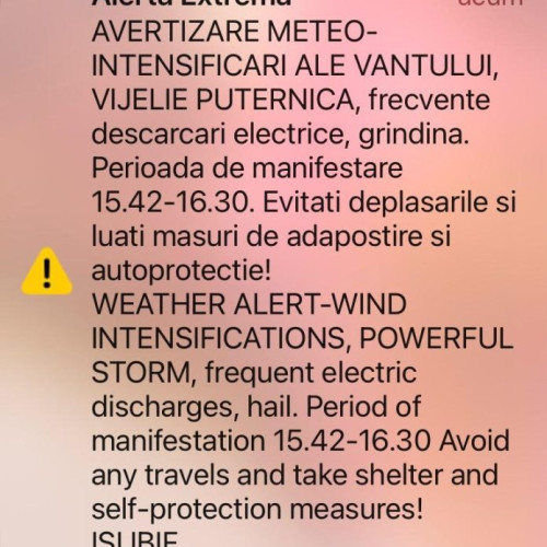 Mesaj RO-ALERT de vreme severă în București