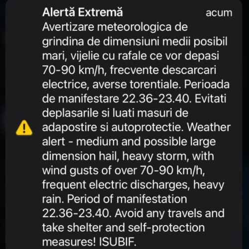 Vreme severă în București și Ilfov: Mesaj RO-ALERT transmis joi seara